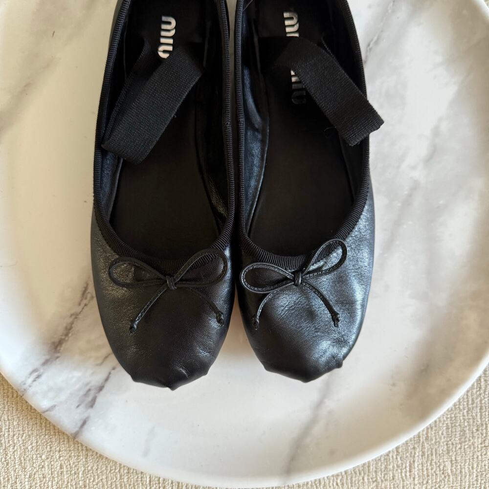 Miu Miu Logo Strap Black Leather Ballet Flats Shoes Black Size 36.5 - Picture 7 of 8